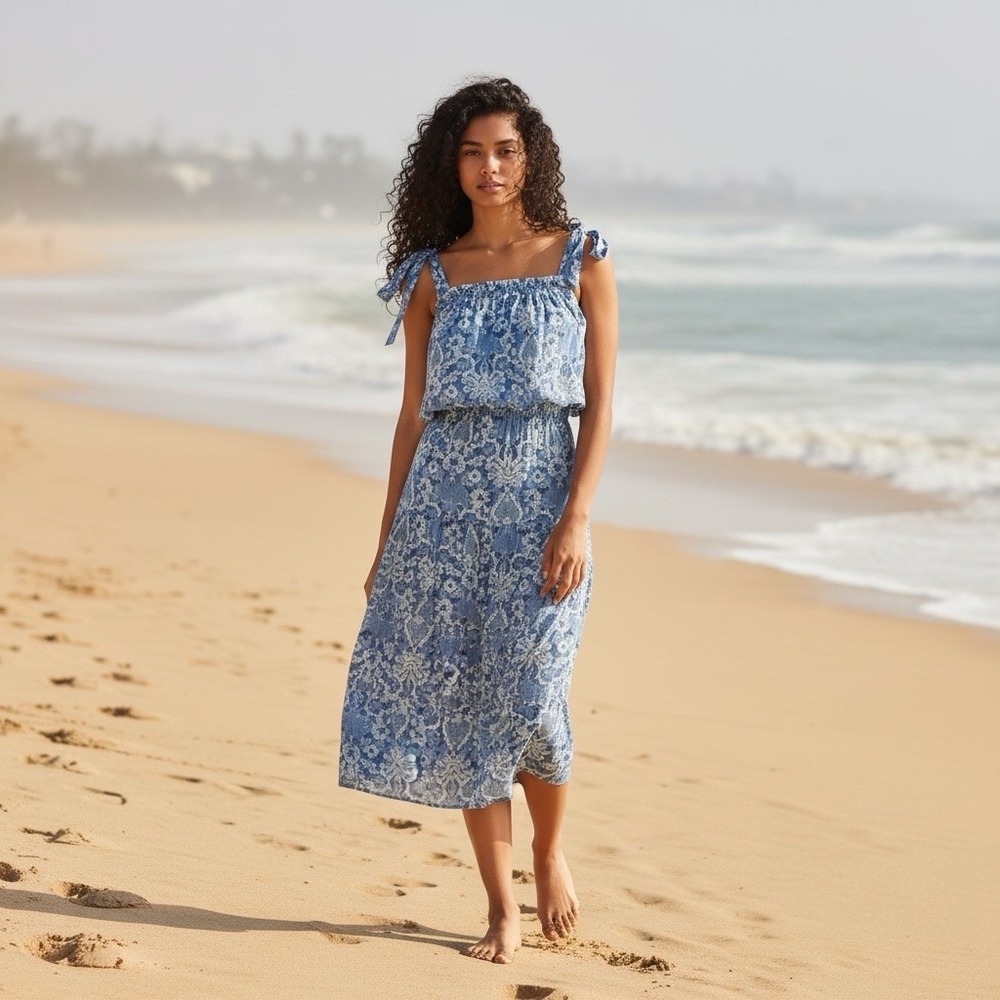 RHODE Small Blue Green Floral Cotton Resort Micah Smocked Waist Tie Sleeve Dress